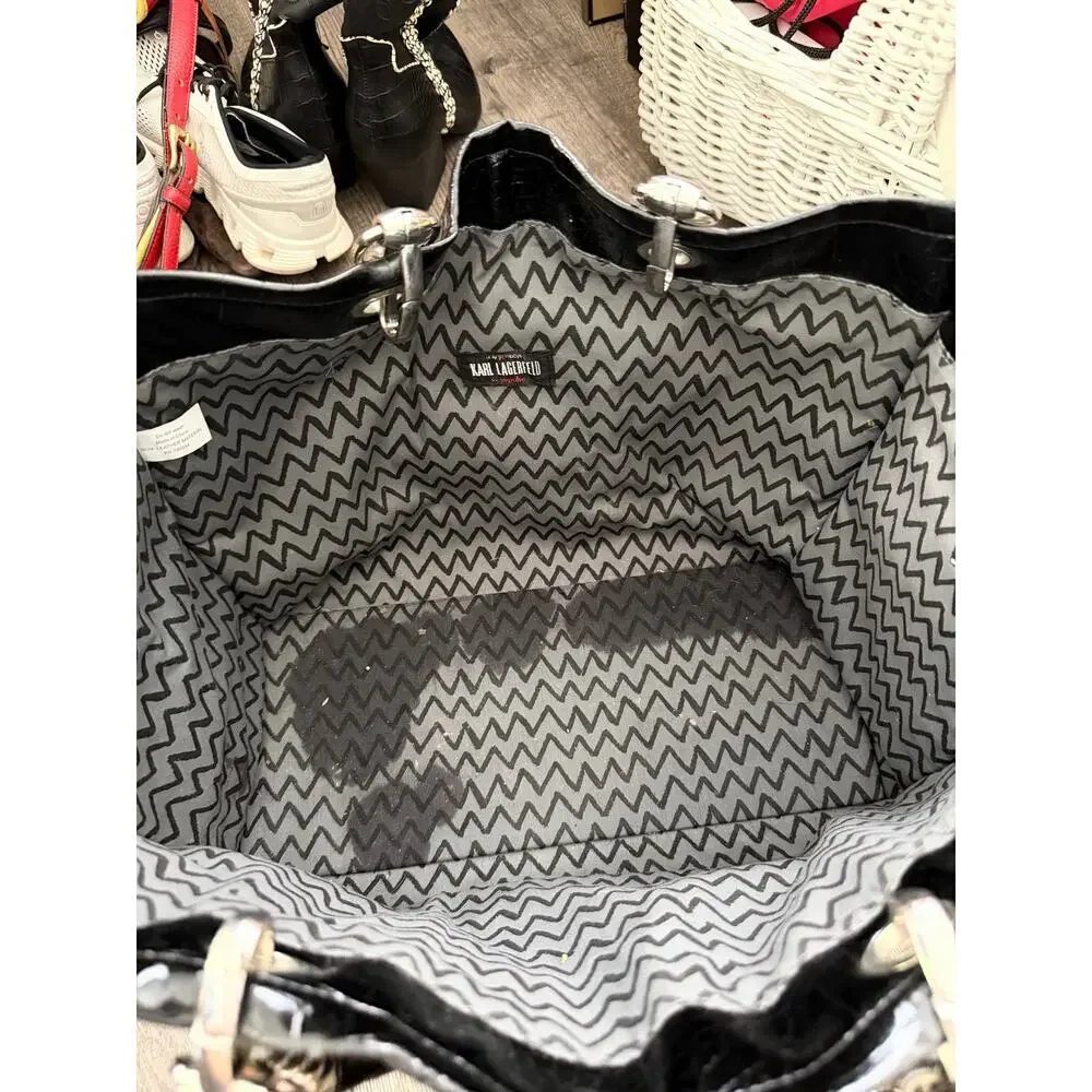 Karl Lagerfeld Handbag Black Croc Patent Leather Chain-Link Handles Tote